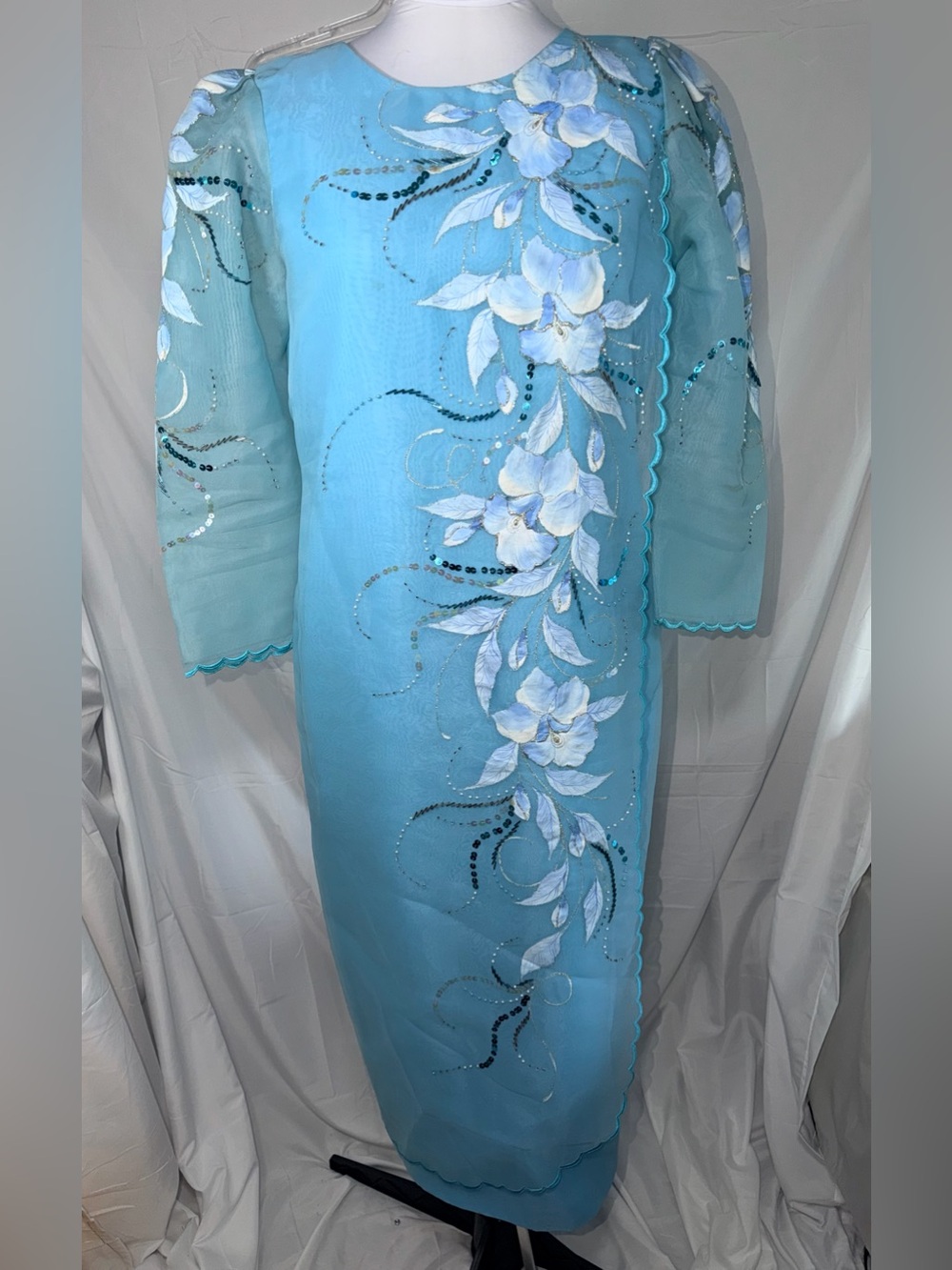 Filipiniana Aqua Floral Embellished Dress